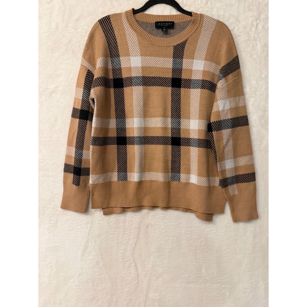 Laundry by‎ Shelli Segal Tan Plaid Crewneck Sweater L1KF3029 Womens Medium